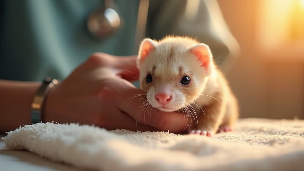 A WildPaws veterinarian gently examining a small ferret