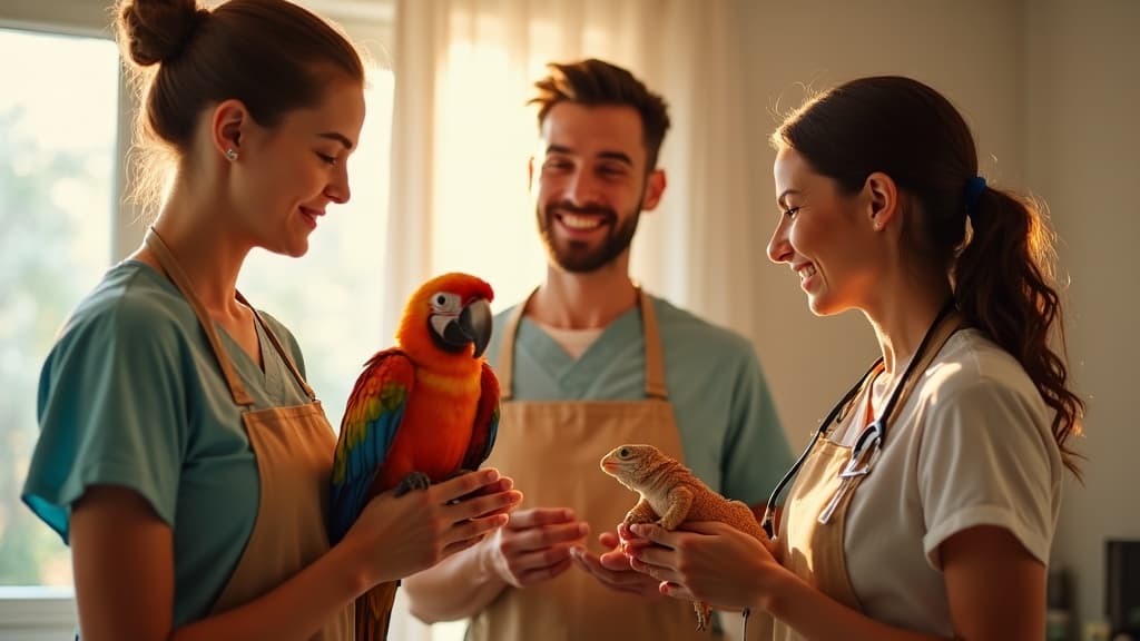 The WildPaws exotic pet care team holding a parrot and a bearded dragon