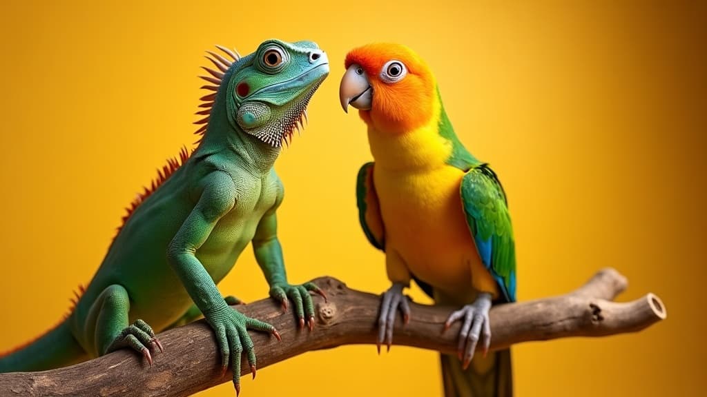 A green iguana perched beside a sun conure parrot in warm studio light